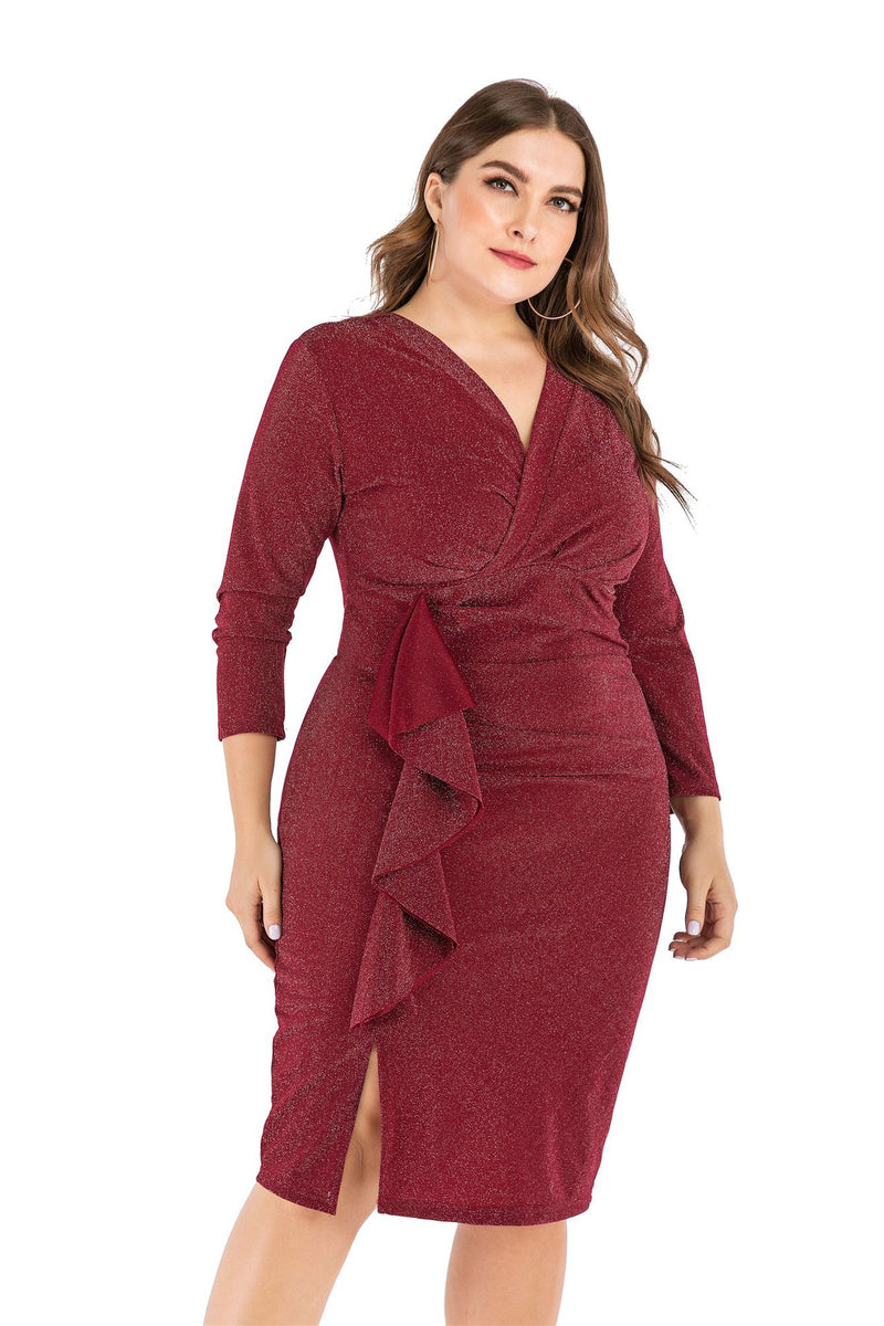 Solid Color Shining V-Neck Long Sleeve Tight Ruffles Casual Curve Dresses Wholesale Plus Size Clothing