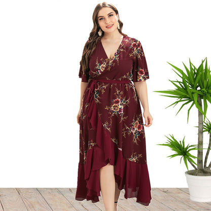 Flare Sleeve V-Neck Ruffles Irregular Hem Printed Elegant Maxi Curve Dresses Wholesale Plus Size Clothing