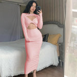 Sexy Cutout Long-Sleeved Solid Color Midi Dress Wholesale Dresses