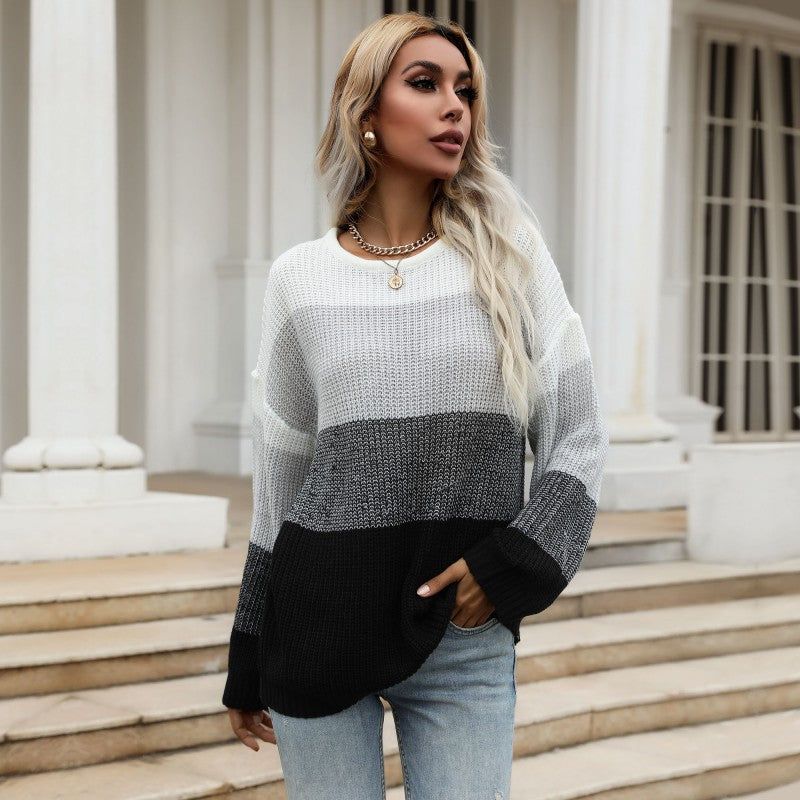 Drop Sleeve Knitted Color Blocking Sweater Wholesale Clothing Suppliers