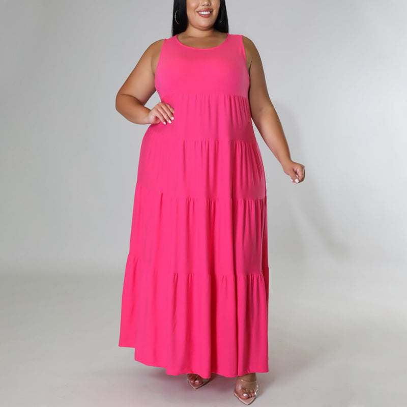 Sleeveless O Neck Smocked Curvy Maxi Dresses Wholesale Plus Size Clothing