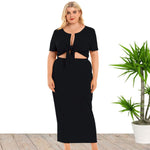 Women Fashion Short Sleeve Hollow Out Knotted Crop Tops Black Wholesale Plus Size Two Piece Sets