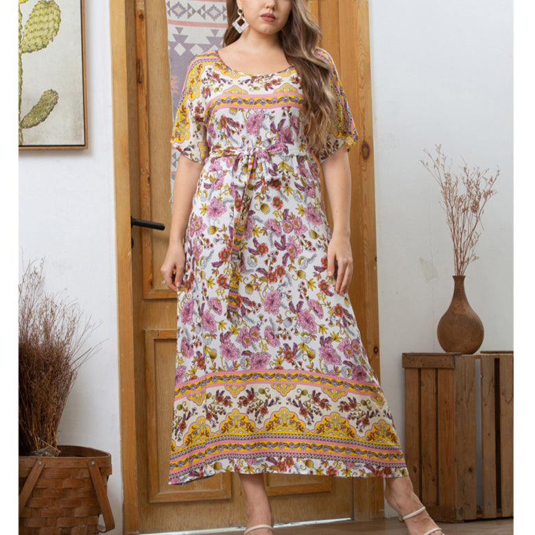 Round Neck Short Sleeve Curvy Bohemian Dresses Wholesale Plus Size Clothing