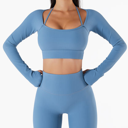 Women Long Sleeve Low Cut Solid Color Active Tops Wholesale Yoga Running Crop Tops