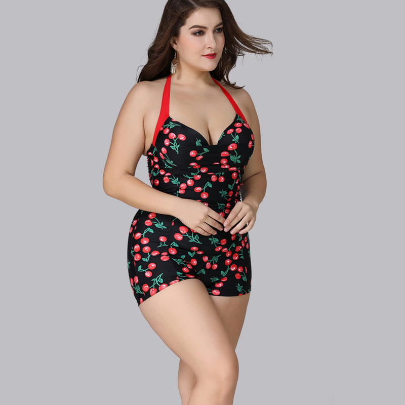 Halterneck Low Cut Boxer Swimsuit Cherry Print Plus Size Swimwear Wholesale Vendors