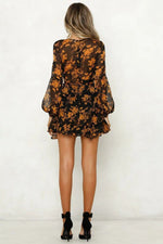 Fashion Floral Print Deep-V Ruffled Dress Wholesale Dresses