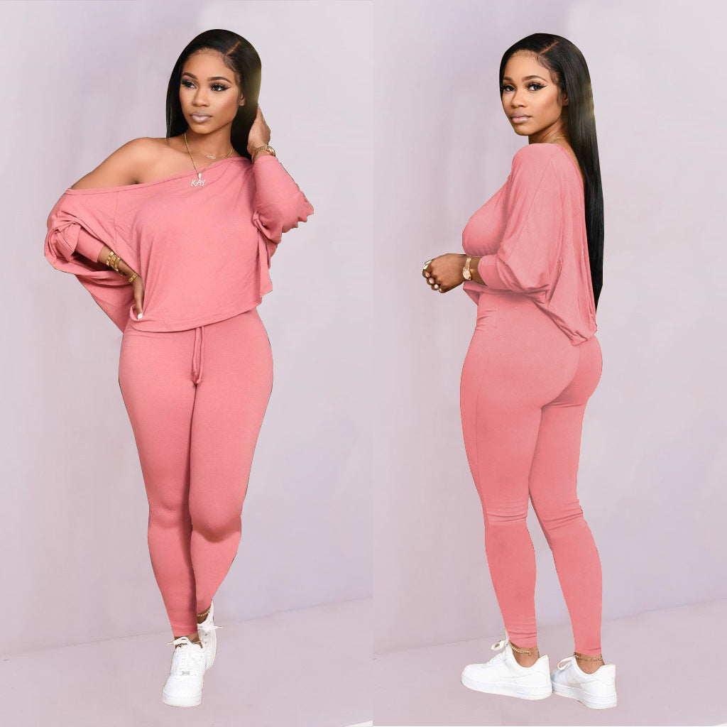 Sports Home Slanted Shoulder Long-Sleeved Leggings Two-Piece Suit Wholesale Women Clothing