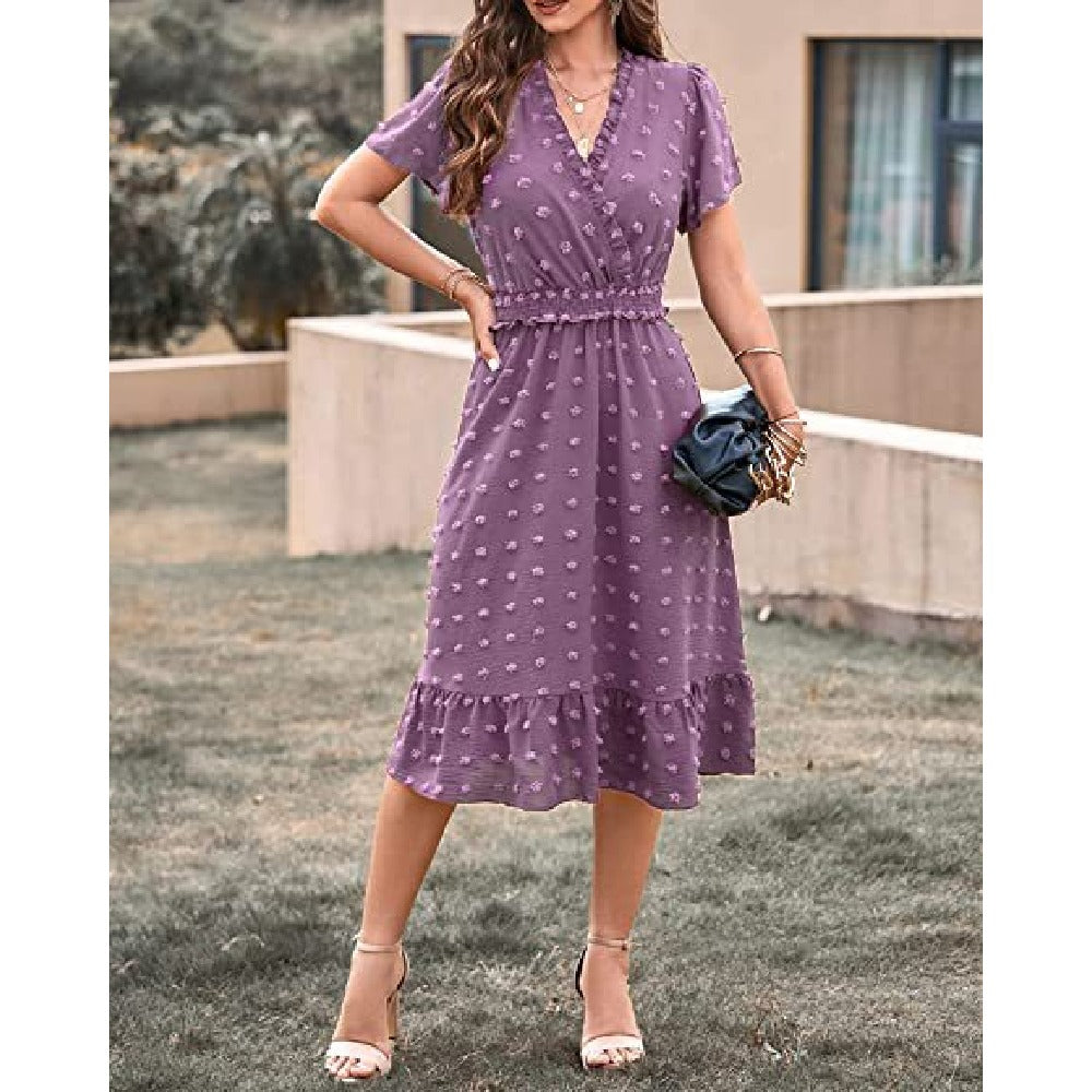 Summer V-Neck Jacquard Short Sleeve Chiffon Dress Wholesale Dresses