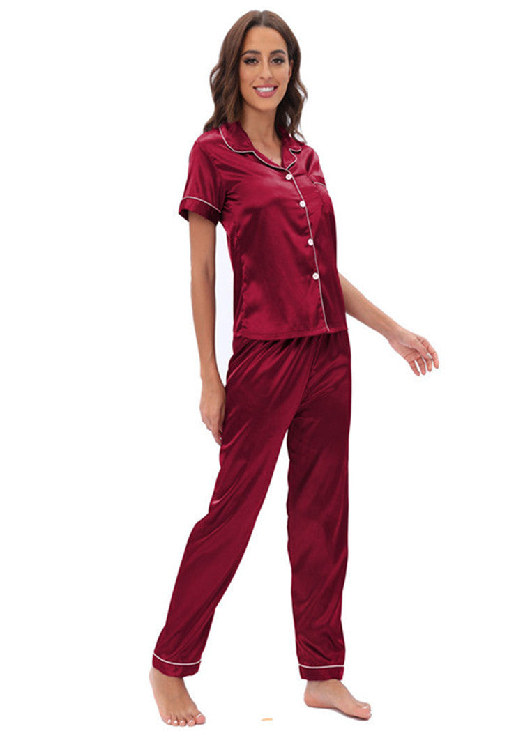 Plain Homewear Short Sleeve Lapel Shirts & Pants Satin Pajamas Womens 2 Piece Set Wholesale Loungewear