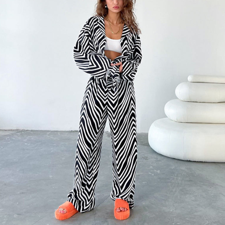 Zebra Print Shirt & Wide-Leg Trousers Wholesale Women'S 2 Piece Sets