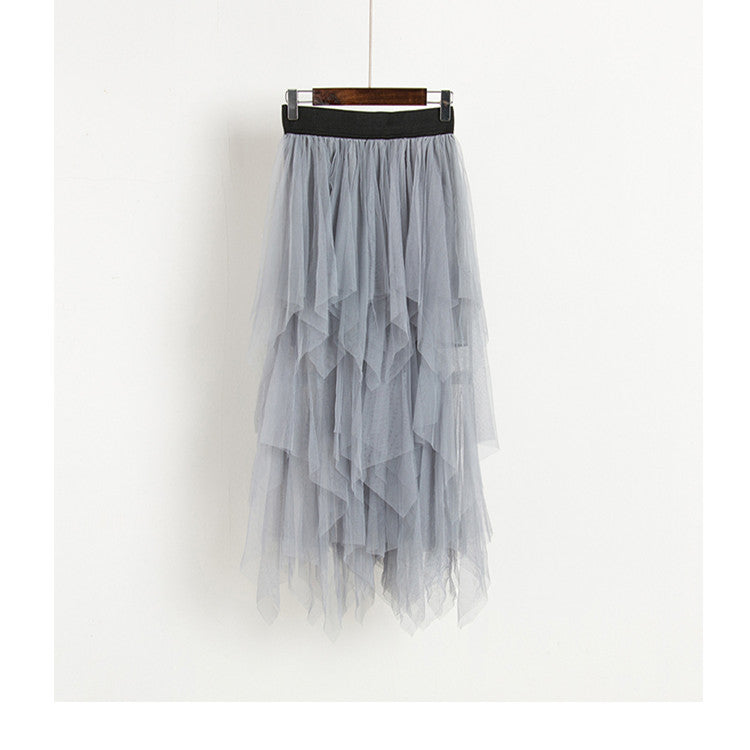 Irregular Hem Mesh Tutu Pleated Midi Skirt SS070013