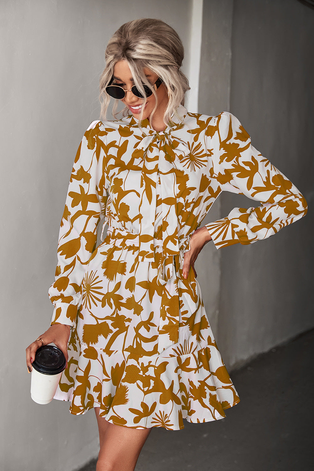 Printed Long Sleeve Elastic Waist Ruffle Dress Wholesale Dresses