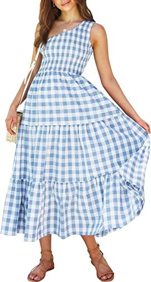 Plain & Print Sleeveless Slanted Shoulder Pleated Smocked Midi Dress Casual Vacation Wholesale Dresses SD531076