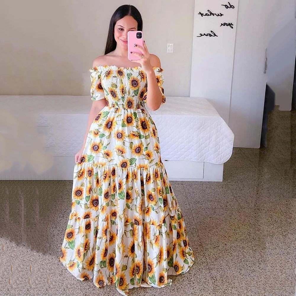 Off Shoulder Trendy Printed Ruffles Swing Smocked Dress Vacation Wholesale Maxi Dresses