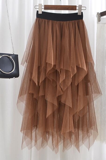 Irregular Hem Mesh Tutu Pleated Midi Skirt SS070013