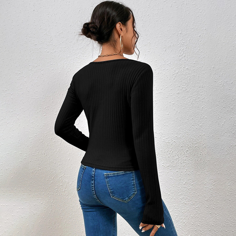 V-Neck Slim Fit Long Sleeves Casual T-Shirts Wholesale Womens Tops