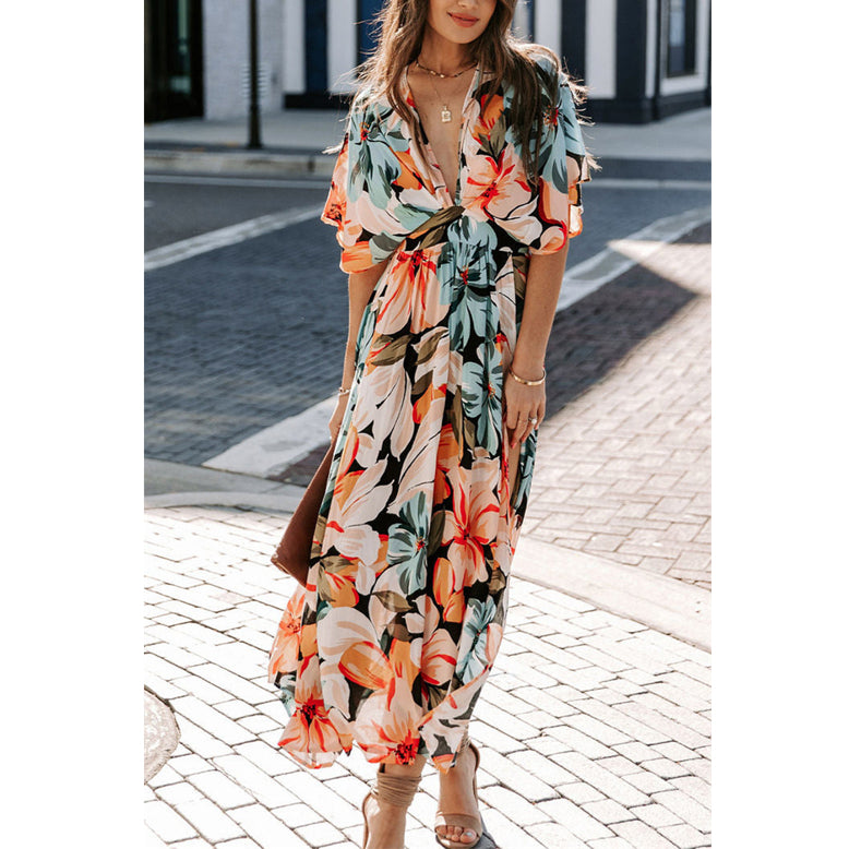 Sexy V-Neck Pleated Low-Cut Bohemian Print Holiday Maxi Dress Wholesale Dresses