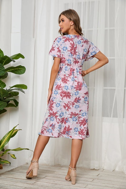 Floral Printed Chiffon V-Neck Short Sleeve Wide Swing Wholesale Dresses Midi Dress Elegant