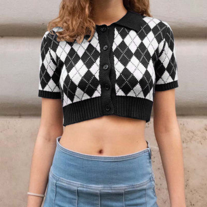 Button Plaid Fashion Short Sleeve Knitted Lapel Short Womens Shirts Wholesale Crop Tops