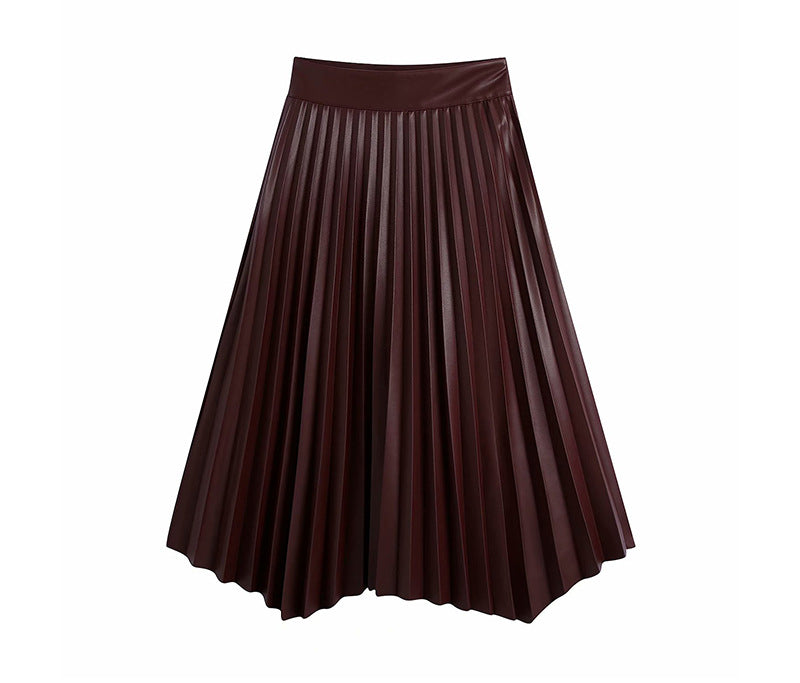 Autumn Winter High Waist PU Midi Leather Pleated Skirt