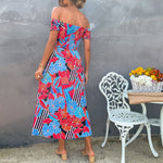 Floral Printed Elastic Wrap Chest Split High Waist Vacation Swing Dress Off Shoulder Wholesale Dresses