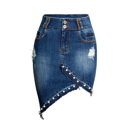 Fashion Irregular Beaded Decorate Denim Short Skirts Bag Hip Wholesale Skirt Vendors