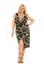 Fashion Printed Deep V Sleeveless Slit Irregular Hem Curve Dresses Mid Length Wholesale Plus Size Clothing