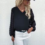 Women Top V Neck Long-Sleeved Lace See-Through Chiffon Shirt Wholesale