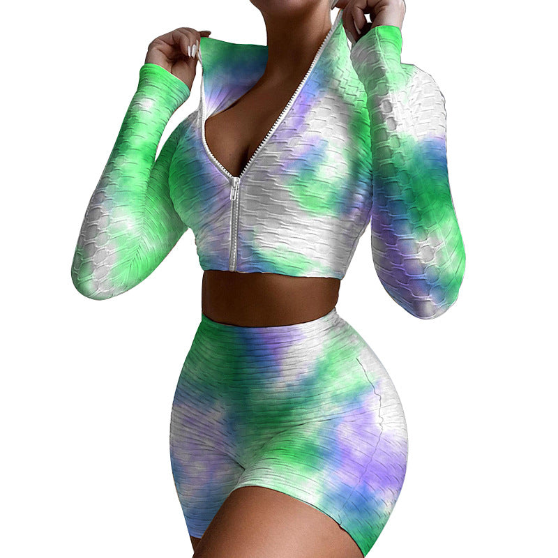Two-Piece Tie Dye Printing Sports Long-Sleeved Top And Shorts Fashion Clothing