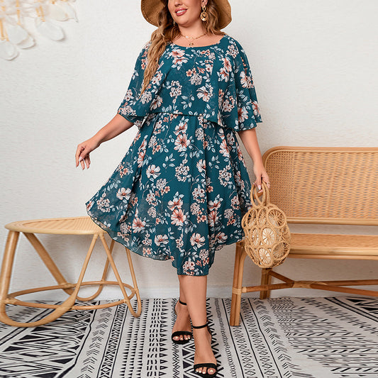 Wholesale Women'S Plus Size Clothing Round Neck Flounce Temperament Large Swing Print Dress