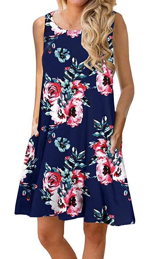 Women Fashion Floral Print Sleeveless Wholesale Tank Dresses With Pockets Summer