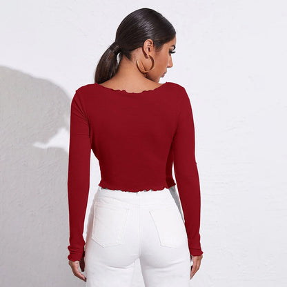 Sexy V-Neck Drawstring Pleats Top Solid Color Long Sleeve Slim Wholesale Crop Tops