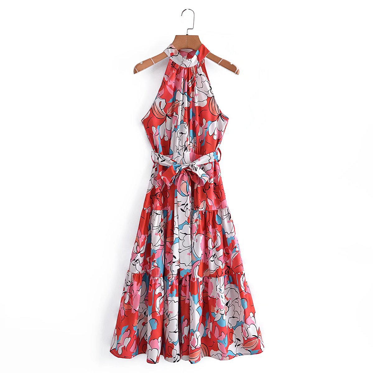 Halterneck Sleeveless Printed Tie-Up Waist Swing Smocked Dress Wholesale Dresses