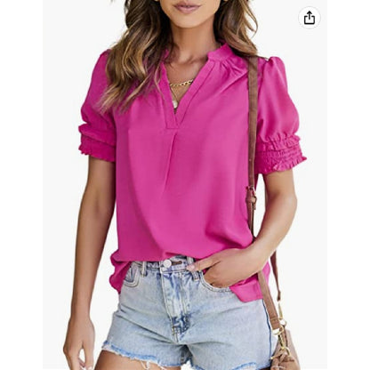 V-Neck Puff Short Sleeve Chiffon T-Shirt Wholesale Womens Tops