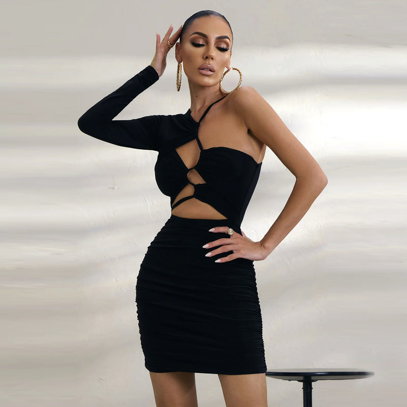 Sexy Cutout One-Shoulder Pleated Long Sleeve Bodycon Mini Dress Wholesale Dresses