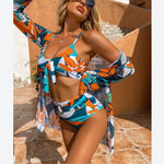 Color Leaf Print Sexy Bikini & Cardigant 3pcs Sets Womens Swimsuit Wholesale Vendors