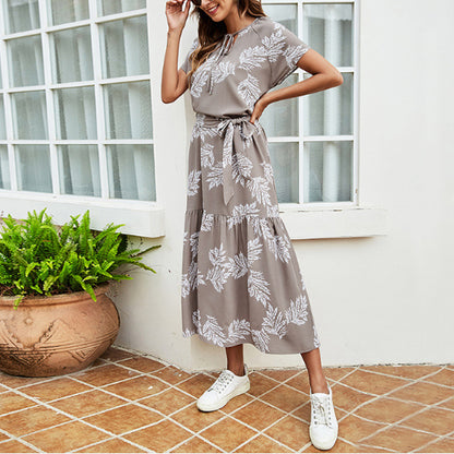 Women Fashion Short Sleeve Drawstring Wholesale Floral Dresses with Belt