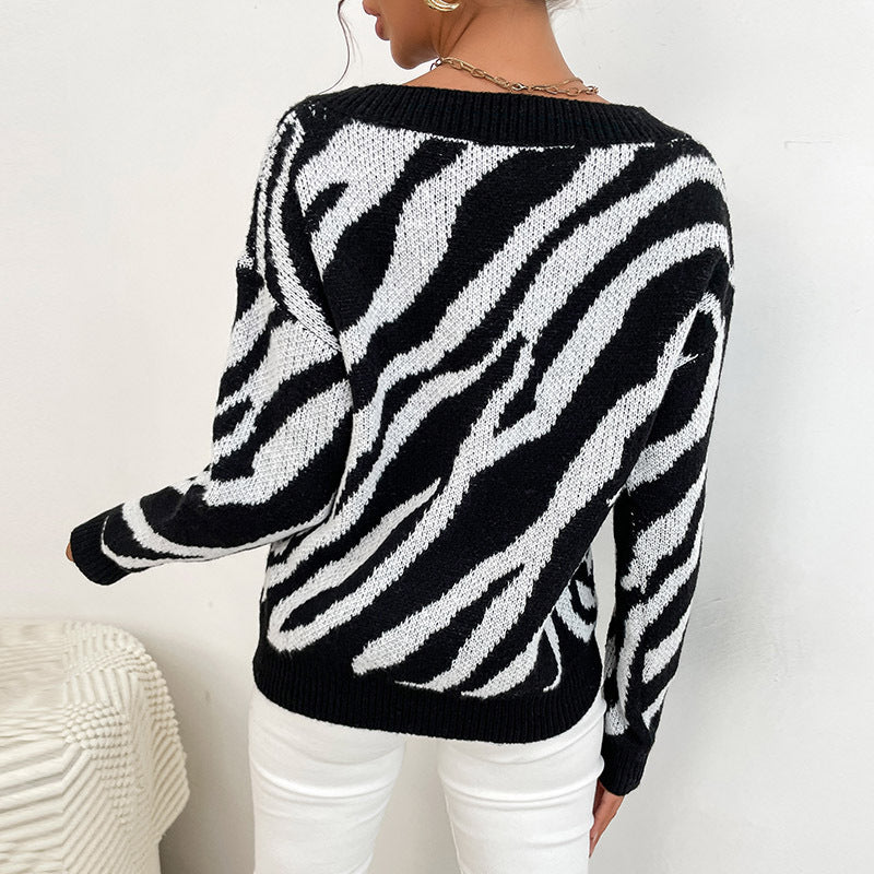 Zebra V-Neck Wholesale Casual Sweater For Women