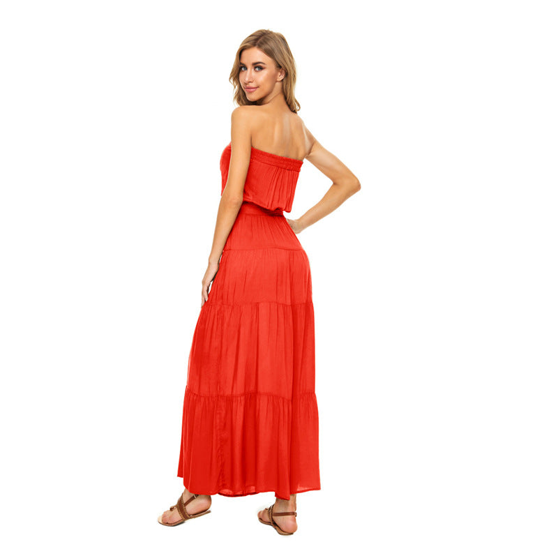 Lace-Up Solid Color Sexy Backless Tube Top Smocked Dress Wholesale Maxi Dresses