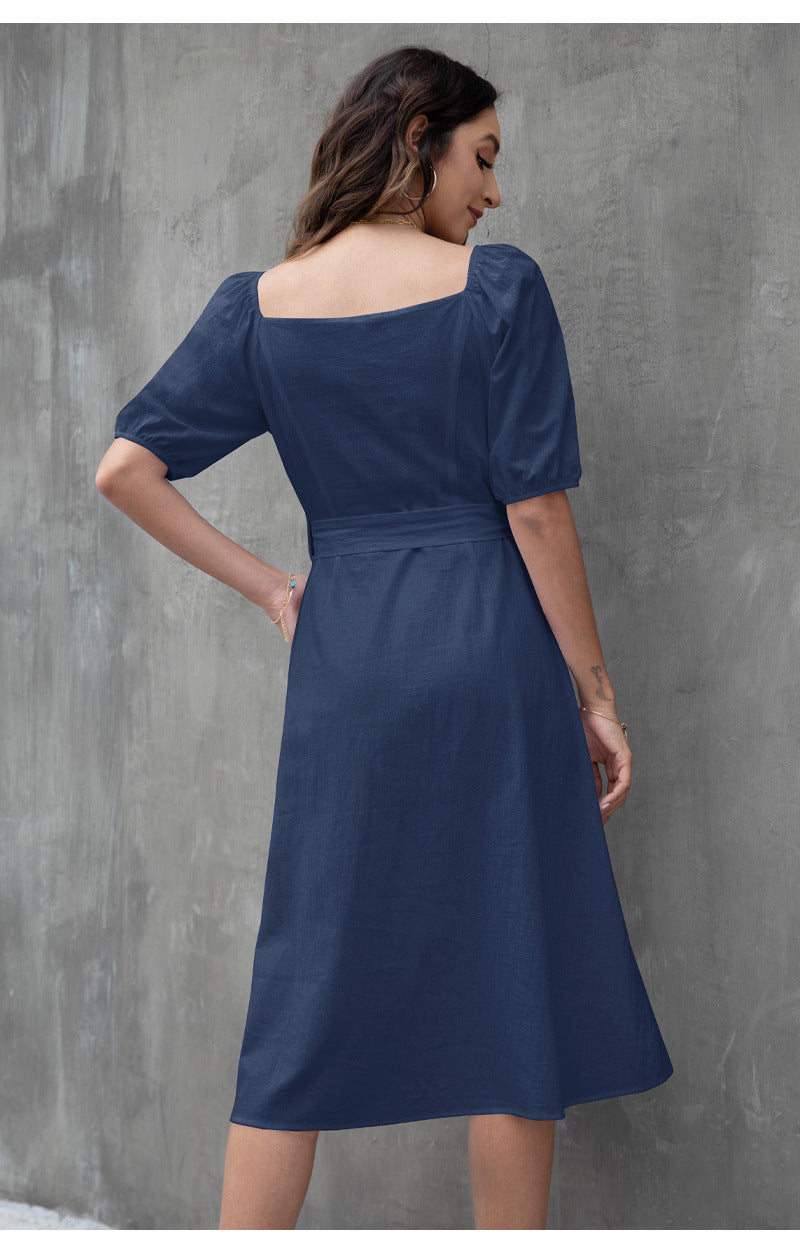 Puff Sleeve Solid Color Square Neck Business Casual Women Midi A-Line Dress Elegant Wholesale Dresses