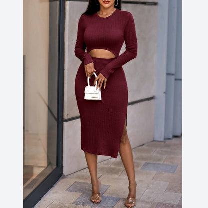 Sexy Solid Color Crew Neck Cut-Out Bodycon Knit Dress Wholesale Jersey Dresses