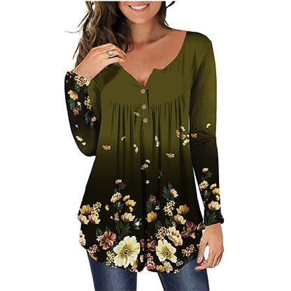 Women Fashion Long Sleeve Floral Print V Neck Wholesale Tunic Tops ST204155