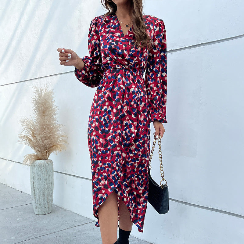 Printed Long Sleeve Fashion V Neck Irregular Hem Midi Dress Wholesale Dresses