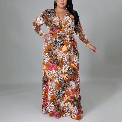 High Waist Floral Print Women Curve Wrap Dress Wholesale Plus Size Maxi Dresses