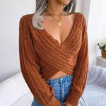 Sexy V-Neck Cross Long-Sleeved Twist Short Wholesale Sweater