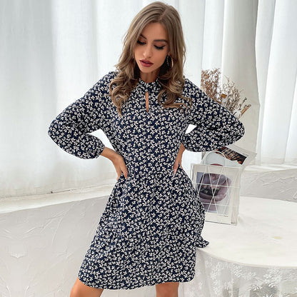 Women Round Neck Button Retro Floral Long Sleeve Dress Wholesale