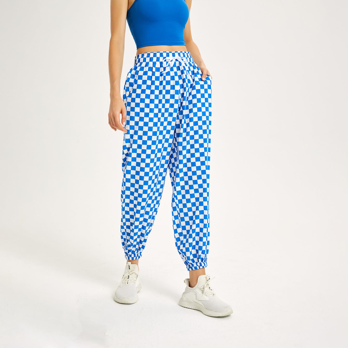 Casual Checkerboard High Waist Drawstring Loose Exercise Running Pants Wholesale Activewear