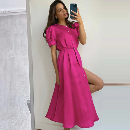 Short-Sleeved Commuter Niche Round Neck Button-Down Maxi Dress Wholesale Dresses