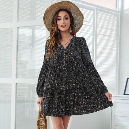 Long Sleeve Floral Print V Neck Wholesale Swing Dresses For Women Summer