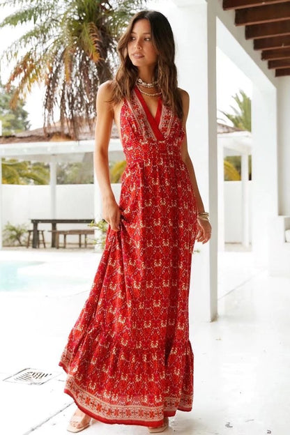 Open Back Printed Resort Slip Maxi Dresses Wholesale Bohemian Dress For Women